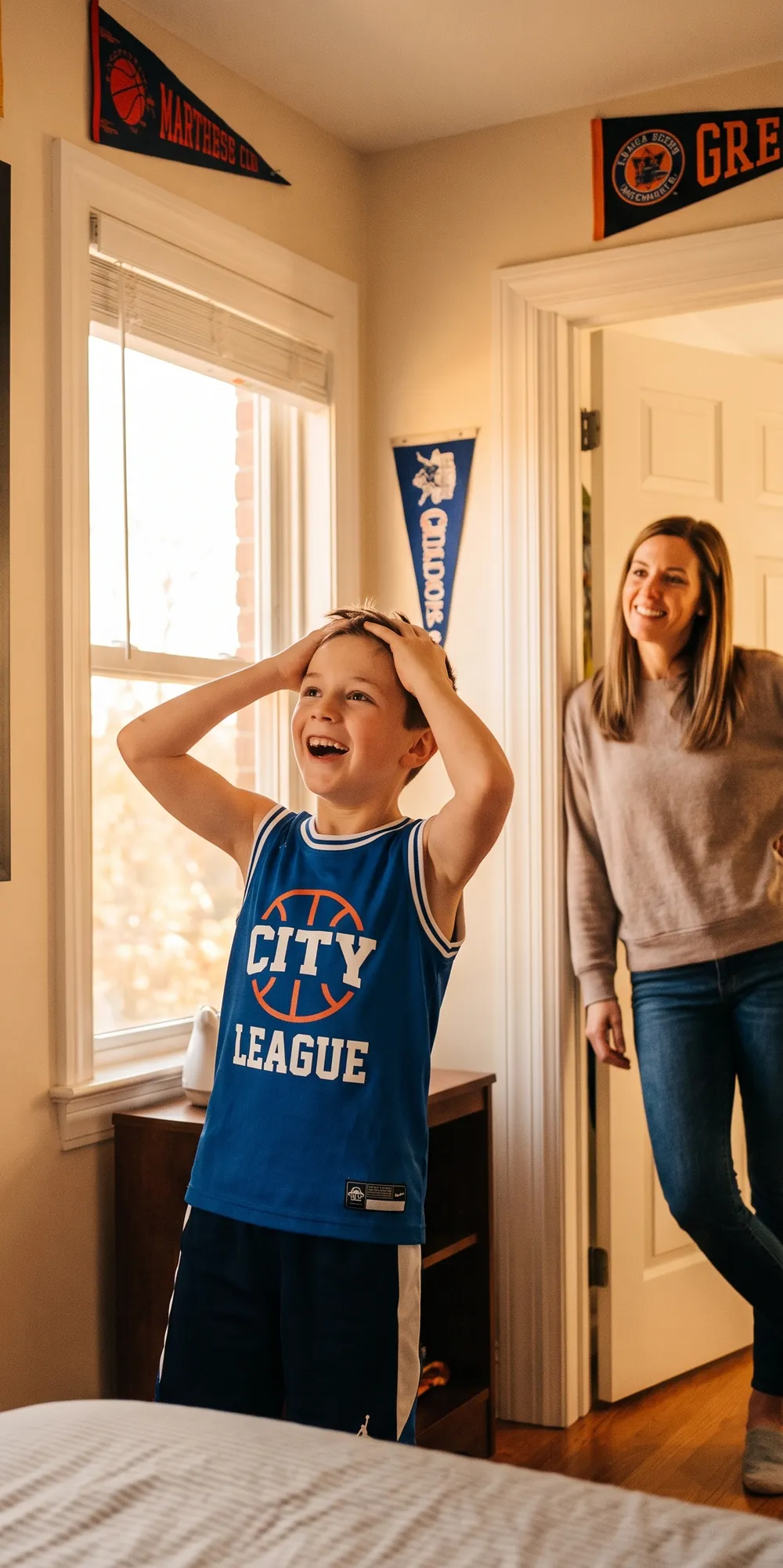 A boy seeing his own poster on his bedroom wall