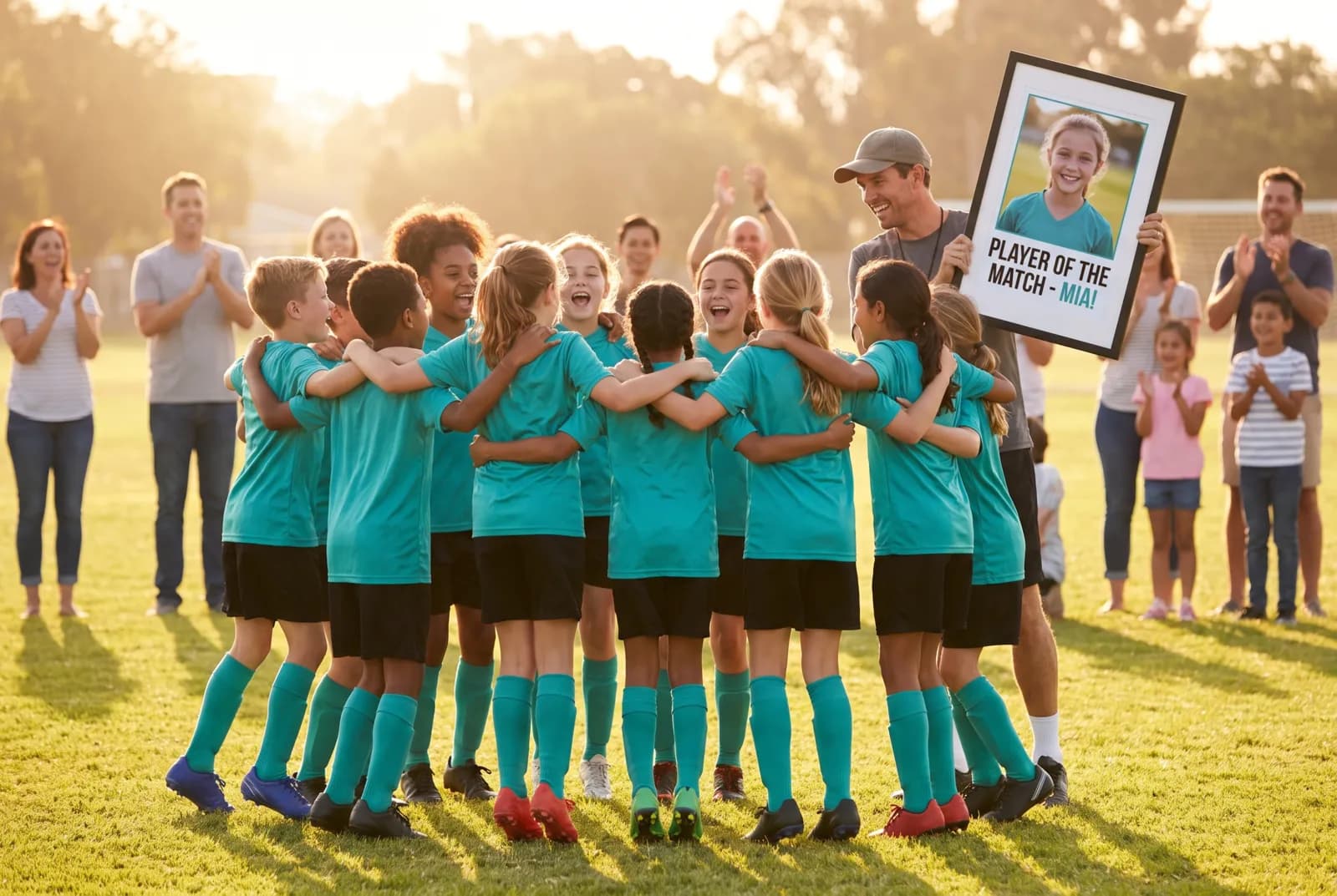 Youth team celebrating with a personalized poster